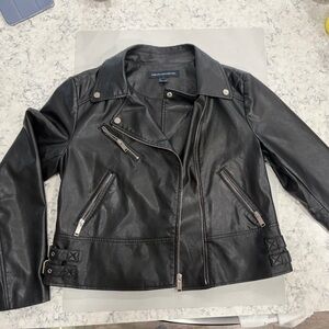 French Connection Black Faux Leather Cropped Moto Jacket